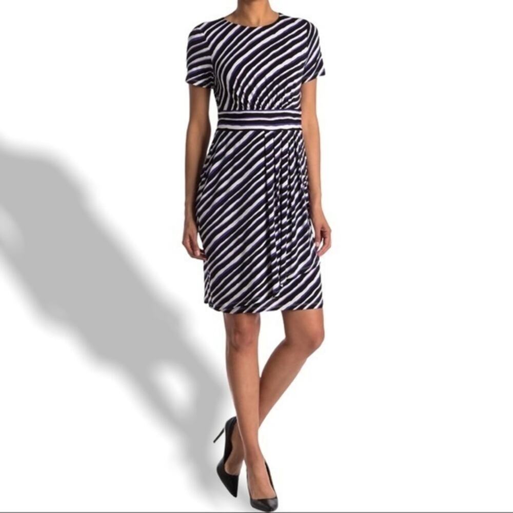 London Times Techno Stripe Jersey Sheath Dress In Open Blue Size 4P NWT